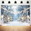 Christmas winter forest photography backdrop with snowy trees and festive light strings - SBJ-002 Style / 95x75cm