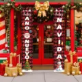 Red buffalo plaid Christmas porch banners with Santa and snowman for outdoor door decor - Spanish Buffalo Plaid Style (SDL-011)