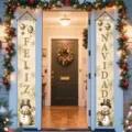 Festive snowman Christmas porch banners with Feliz Navidad text in golden finish - Beige Snowman Style (SDL-011)