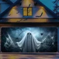 Gran pancarta de Halloween para puerta de garaje con diseño de fantasma blanco y telaraña - Araña Fantasma Blanca (CK-017) / 400x180cm