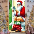 Festive door curtain with a humorous illustration of Santa Claus sitting on a toilet - 90x180cm / Humorous Santa on Toilet (ML-011)