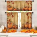Thanksgiving kitchen curtain 3-piece set with watercolor pumpkin and maple leaf print - Valance 138x45cm / CL-006 (Pumpkin and Maple Leaf Print)