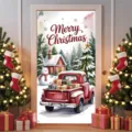 Festive Christmas door banner with red truck and snowman design for holiday room decor - 90x180cm / Red Truck and Snowman (ML-012)