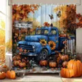 Duschvorhang mit herbstlichem Motiv blauer Oldtimer-LKW Sonnenblumen und Kürbis-Design - Einzelner Duschvorhang 90x180cm / Herbst Blauer LKW (YL-014)