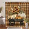 Herbstlicher Duschvorhang mit rustikalem Wagen, Kürbissen und Sonnenblumen auf Karomuster - Einzelner Duschvorhang 90x180cm / Vintage-Holzwagen & Kürbisse (YL-016)