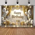 Luxuriöser goldener Happy Birthday Fotohintergrund mit Luftballons und Krone - SBJ-005 Stil / 95x75cm / Schwarz & Gold