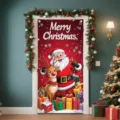 Festive Christmas door banner with Santa and reindeer pattern on red background - 90x180cm / Santa and Reindeer Red BG (ML-013)