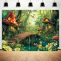 Sfondo foresta incantata fiabesca con case a fungo per foto di compleanno per bambini - Paese delle Fiabe (SBJ-008) / 95x75cm