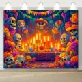 Bannière de fête du Jour des Morts mexicain avec crânes et fleurs de souci éclatantes. - Style SBJ-002 / 95x75cm