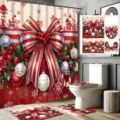 Festive 4-piece Christmas bathroom set featuring a red bow shower curtain and floor mats - Single Shower Curtain 90x180cm / Red and White Bow Pattern (YL-005)