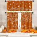 Festive orange kitchen curtain set featuring Hello Fall text and white pumpkin botanical print - Valance 138x45cm / Hello Fall (CL-007)