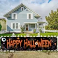 Large Happy Halloween banner with spider web design on white yard fence - Style 2 (SHF-002) / 30x120cm (With Rope)