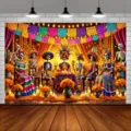 Mexikanische Day of the Dead Hintergrund für Party Deko mit Skeletten und Blumen - Tag der Toten Hintergrund (DABJB084) / 95x75cm