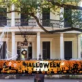 Large Halloween horizontal banner featuring pumpkin and ghost prints for yard fence decoration - Ghost Castle Style (SHF-008)