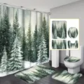 4-piece Christmas bathroom set with snowy pine forest print shower curtain and mats - Single Shower Curtain 90x180cm / YL-006 (Snowy Forest)