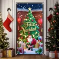 Christmas door curtain featuring Santa Claus and Christmas tree design for holiday decor - 90x180cm / Feliz Navidad Christmas Tree (DAMF002)