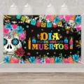 Dia de los Muertos Hintergrundbanner mit Zuckerschädeln und Blumen für mexikanische Partys. - SBJ-008 Stil / 95x75cm