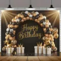 Schwarz-goldener Happy Birthday Hintergrund mit Ballonbogen und Krone für Fotografie - SBJ-006 Stil / 95x75cm