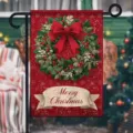 Rote Weihnachts-Gartenflagge mit klassischem Kranz und Frohe Weihnachten Banner. - Roter Schneeflocken Kranz Stil (Q-007) / 30x45cm