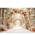 Christmas winter forest photography backdrop with snowy arches and red gold ornaments - Christmas Snow Scene Style (SBJ-005) / 95x75cm / Colorful