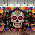 Fond éclatant Jour des Morts avec crâne et fleurs pour décoration de fête mexicaine - Style SBJ-001 / 95x75cm