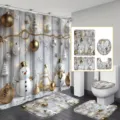 Festive 4-piece Christmas bathroom set featuring snowman and gold ornaments decor - Single Shower Curtain 90x180cm / YL-007 (Wood Grain Christmas Snowman)