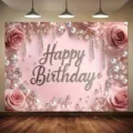 Eleganter Hintergrund mit rosa Rosen und Perlen für Geburtstagspartys - Rosa Rose Perle Diamant Stil (SBJ-007) / 95x75cm