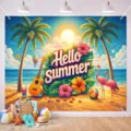 Vibrante fondo fotográfico de fiesta en la playa tropical con Hello Summer y flamencos - Estilo SBJ-008 (SBJ-008)