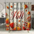 Vintage Duschvorhang mit Holzmaserung, Hello Fall Text und bunten Ahornblättern - Einzelner Duschvorhang 90x180cm / Vintage Ahornblatt (YL-002)