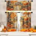 Thanksgiving 3-piece kitchen curtain set with watercolor pumpkin and farmhouse autumn print - Valance 138x45cm / CL-010 (ai-Watercolor Autumn Farmhouse)