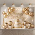 Happy Birthday Hintergrund mit goldenen Ballons und Geschenken für Partydeko - Warmgold-Feierstil (SBJ-008) / 95x75cm