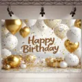 Eleganter Happy Birthday Fotohintergrund mit dekorativen gold-weißen Konfetti-Ballons - Weißgold Ballon Geburtstag Hintergrund (SBJ-009) / 95x75cm