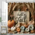 Duschvorhang Hello Fall mit rustikalem Kürbis-Motiv und Holzmaserung Hintergrund - Einzelner Duschvorhang 90x180cm / Hello Fall Holzmaserung Kürbis (YL-004)