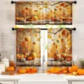 Three-piece Thanksgiving kitchen curtain set featuring watercolor pumpkin and maple leaf prints - Valance 138x45cm / CL-011 (Pumpkin & Maple Leaf)