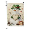 Christmas garden flag featuring a watercolor snowman with a green hat and heart sign - Snowman with Green Hat Style (Q-006) / 30x45cm