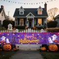 Large purple Halloween banner featuring Happy Halloween text, ghosts, and pumpkins - Style 6 (SHF-006)