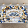 Elegantes blau-goldenes Happy Birthday Hintergrundbanner mit Luftballons und dekorativen Geschenken - Blau-goldener Happy Birthday Hintergrund (SBJ-011) / 95x75cm