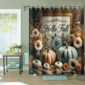 Rustikaler Duschvorhang mit Holzmaserung Kürbissen Sonnenblumen und Hello Fall Schriftzug - Einzelner Duschvorhang 90x180cm / Hello Fall Holzmaserung Kürbis (YL-006)