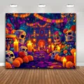 Tag der Toten Party-Hintergrund mit farbenfrohen Totenköpfen und Ringelblumendesigns - Zuckerschädel Altar Stil (DABJB049) / 95x75cm