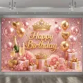 Eleganter rosa-goldener Happy Birthday Hintergrund mit Krone und Ballons für Partys. - Rosa Goldene Krone Geburtstagshintergrund (SBJ-013) / 95x75cm / Roségold