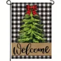 Weihnachts-Gartenflagge mit Büffelkaro-Baum und geschriebener Welcome-Begrüßung - Karo Weihnachtsbaum Welcome Stil (Q-010) / 30x45cm