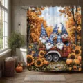 Herbstlicher Duschvorhang mit Gnomen in einem roten Truck, Sonnenblumen und Kürbissen - Einzelner Duschvorhang 90x180cm / Herbst Gnome LKW (YL-009)