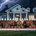 Large Halloween yard fence banner featuring skeleton warriors and glowing pumpkin prints - Style (SHF-011)