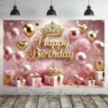 Rosa-goldener Happy Birthday Hintergrund mit goldener Krone und Ballondekorationen - Pink Gold Thema Stil (SBJ-015) / 95x75cm / Roségold
