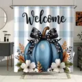 Blauer karierter Duschvorhang mit großem Kürbis, Welcome-Text und floralen Akzenten - Einzelner Duschvorhang 90x180cm / Willkommenskürbis (YL-010)