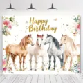 Aquarell Pferd Geburtstagshintergrund mit Happy Birthday Goldschrift - SBJ-016 Stil / 95x75cm