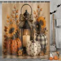 Herbstlicher Duschvorhang mit Kürbis, Sonnenblumen und Laternen in warmen Farben - Einzelner Duschvorhang 90x180cm / Herbst Laterne Kürbis (YL-011)
