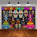 Buntes Tag der Toten Hintergrundtuch mit Skeletten und floraler mexikanischer Party-Banner - Mexikanischer Totenkopf und Blumen Stil (SBJ-011) / 95x75cm
