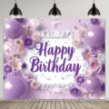 Eleganter lila Geburtstags Hintergrund mit Blumen und Ballons für die Partydekoration - Violetter Blumen-Reliefrahmen-Stil (SBJ-017) / 95x75cm