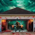 Large Halloween garage door mural featuring spooky zombie print and blood splatters - Axe Zombie Horror Style (CK-012) / 150x100cm
